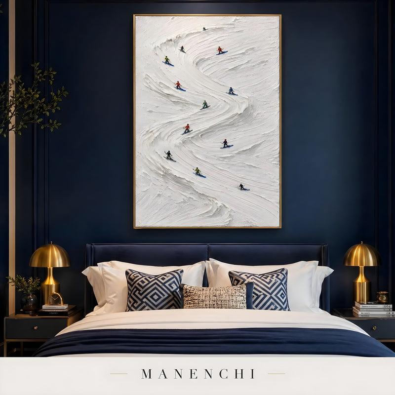 Alpine Slalom Descent abstract painting displayed in bedroom