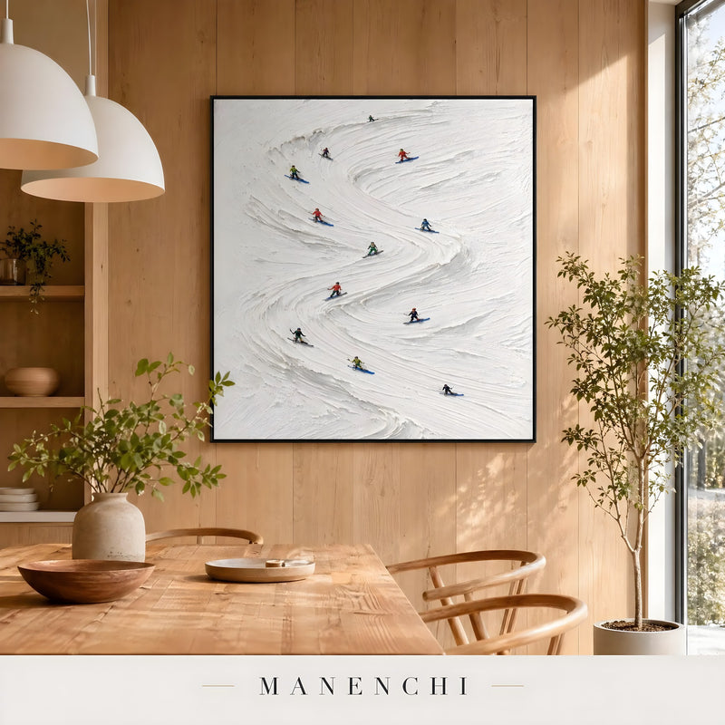 Alpine Slalom Descent abstract painting displayed in dining room