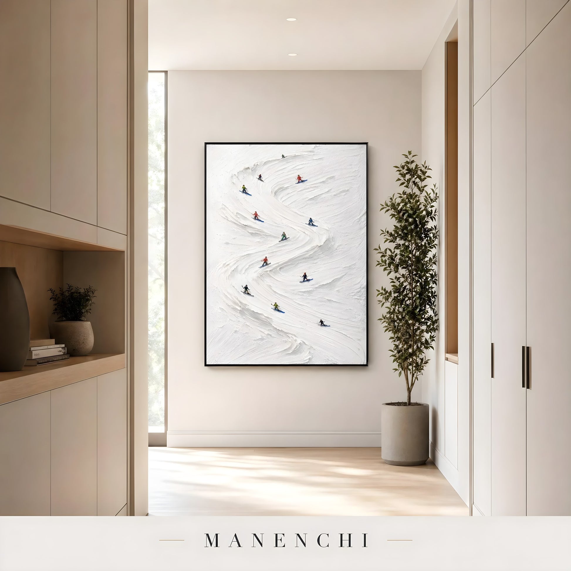 Alpine Slalom Descent abstract painting displayed in hallway