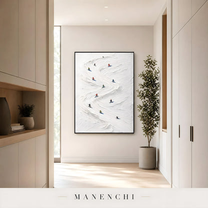 Alpine Slalom Descent abstract painting displayed in hallway