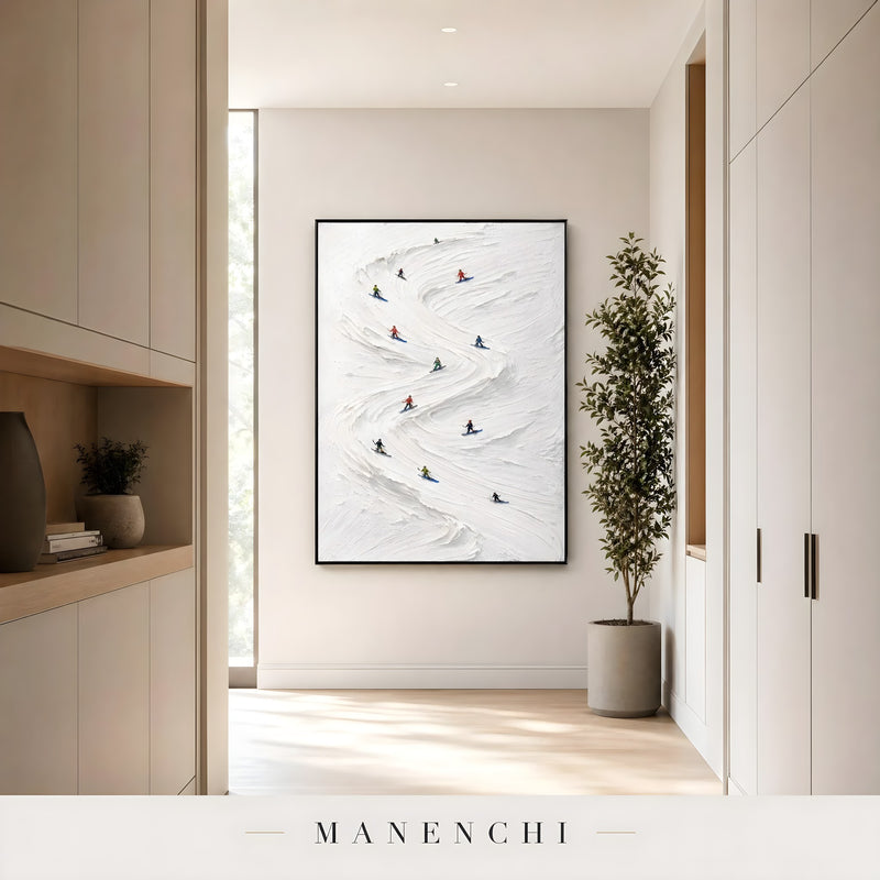 Alpine Slalom Descent abstract painting displayed in hallway