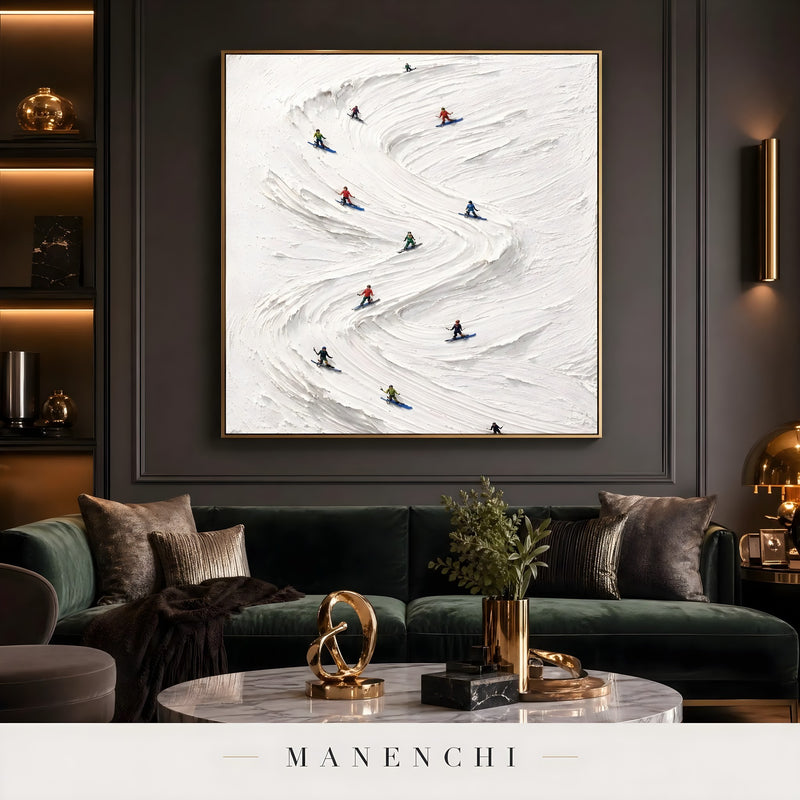 Alpine Slalom Descent abstract painting displayed in living room