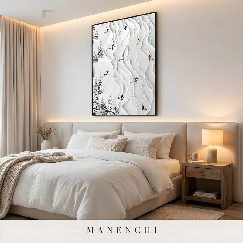 Alpine Slope Rhythms abstract painting displayed in bedroom with art piece
