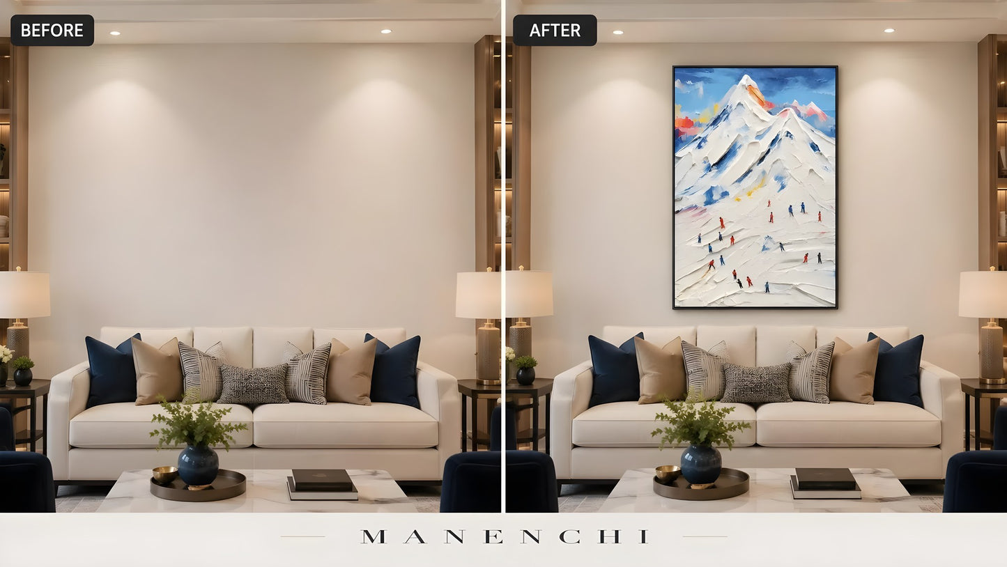 Alpine Summit Pursuit original hand-painted abstract painting, before and after in a styled room