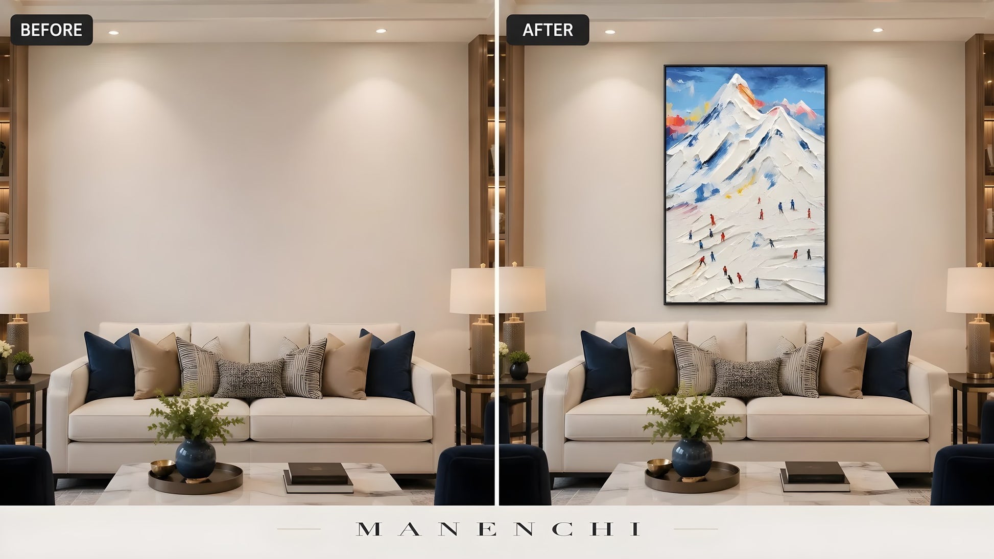 Alpine Summit Pursuit original hand-painted abstract painting, before and after in a styled room