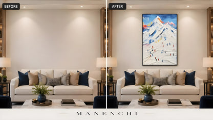 Alpine Summit Pursuit original hand-painted abstract painting, before and after in a styled room
