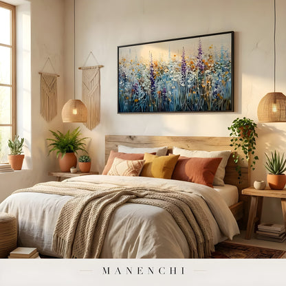 Alpine Wildflower Meadow abstract painting displayed in bohemian bedroom decor