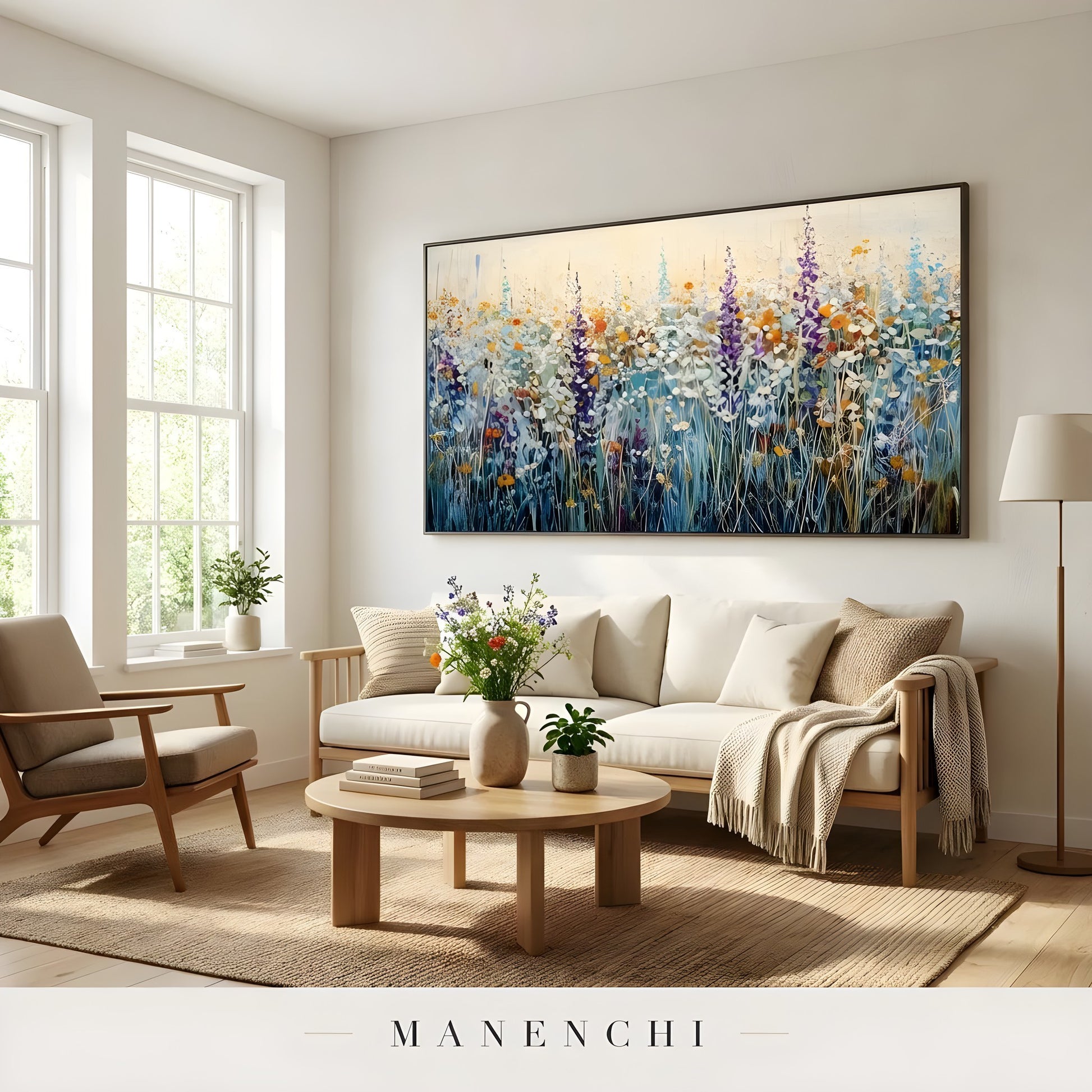 Alpine Wildflower Meadow abstract painting displayed in cozy living room