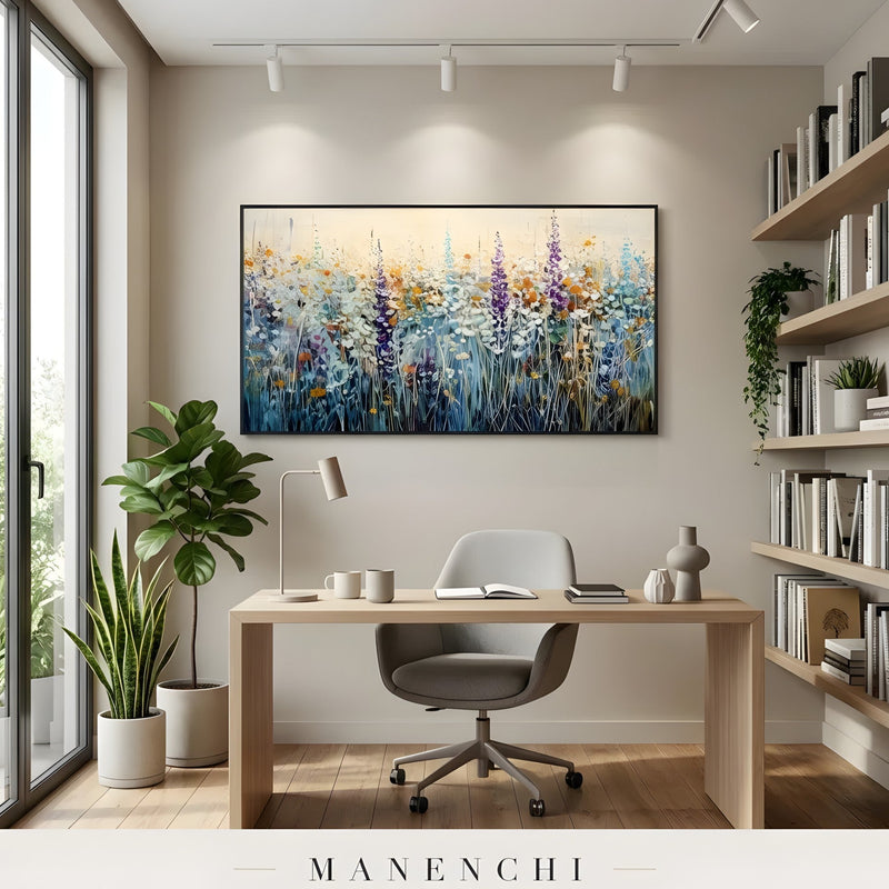 Alpine Wildflower Meadow abstract painting displayed in home office desk