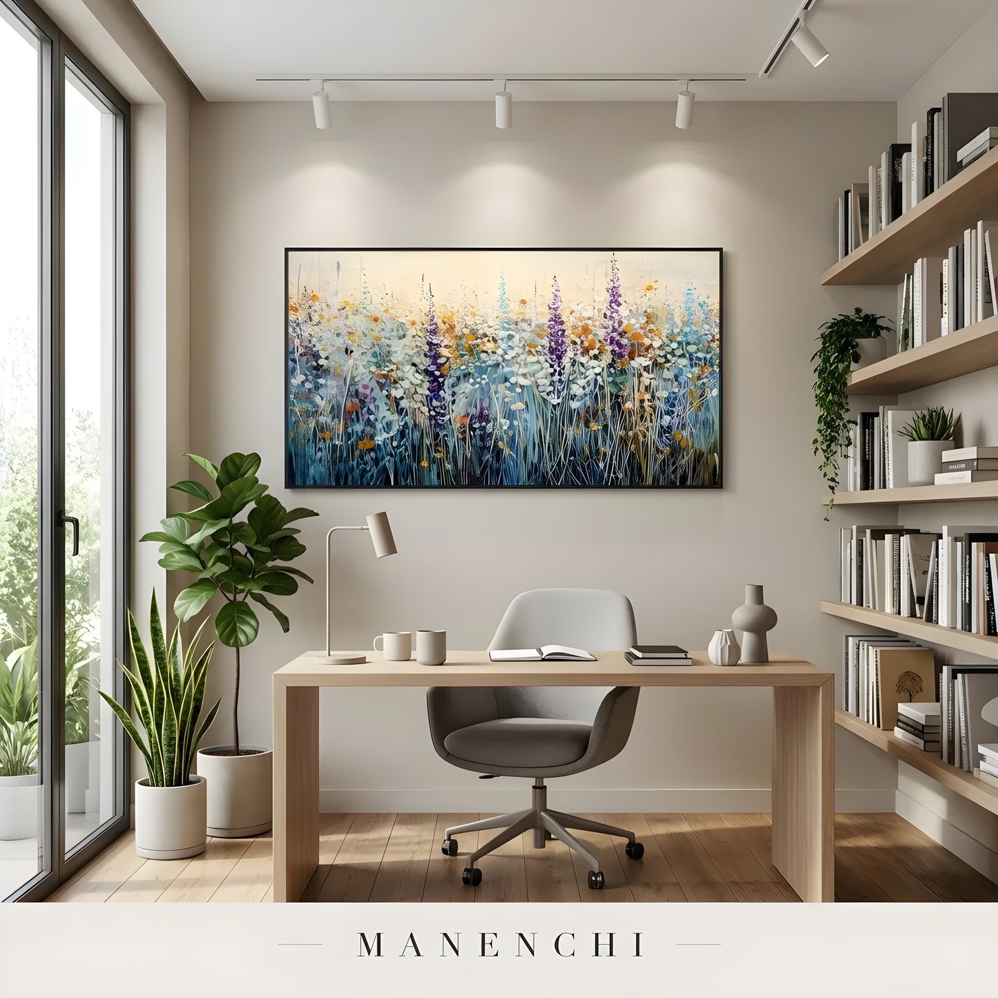 A framed floral painting with blue, purple, and yellow wildflowers hangs on a warm taupe wall above a light wood dining table and cream chairs in a modern dining room. A pampas grass vase sits on the table, and a large green plant is on the right.