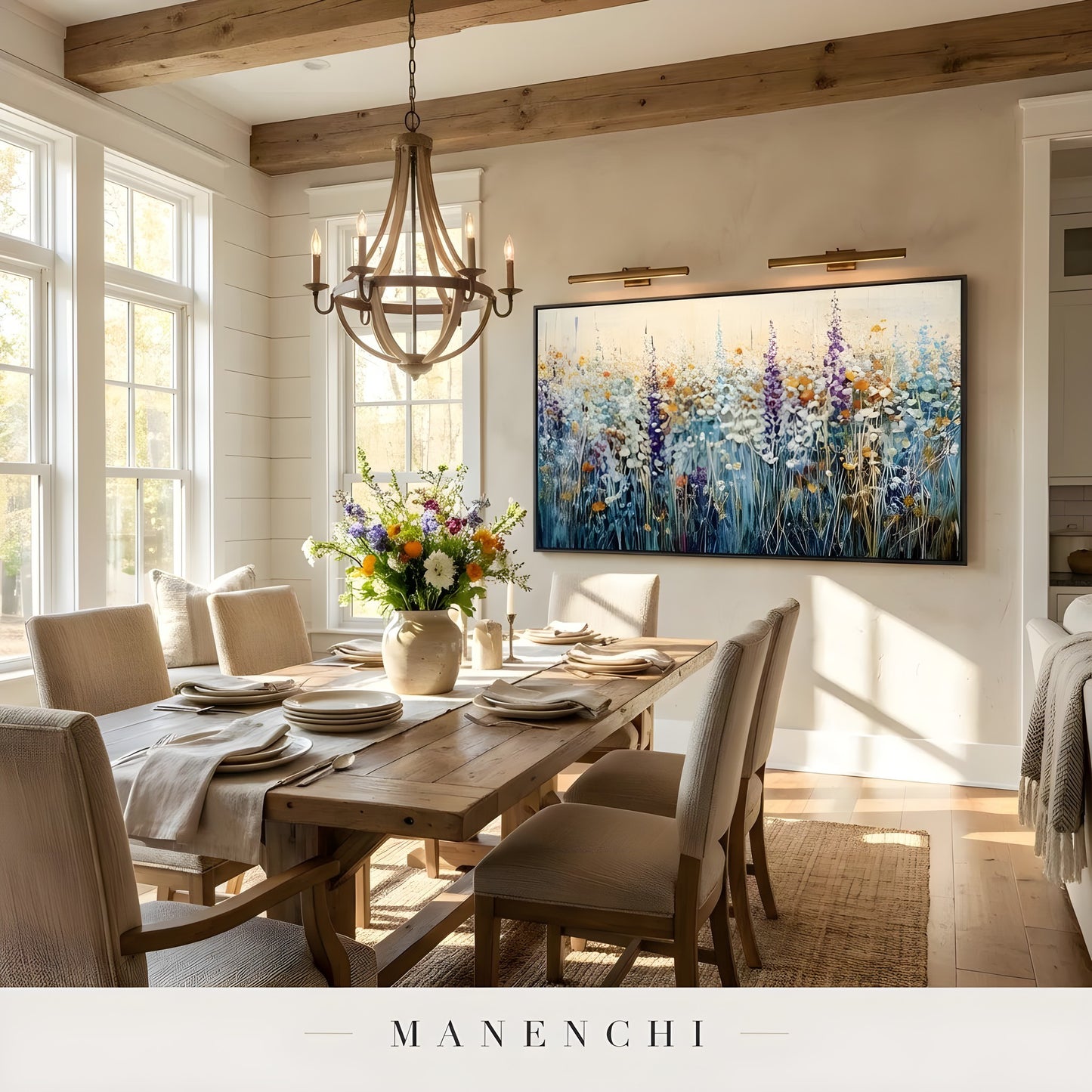 Alpine Wildflower Meadow abstract painting displayed in rustic dining room