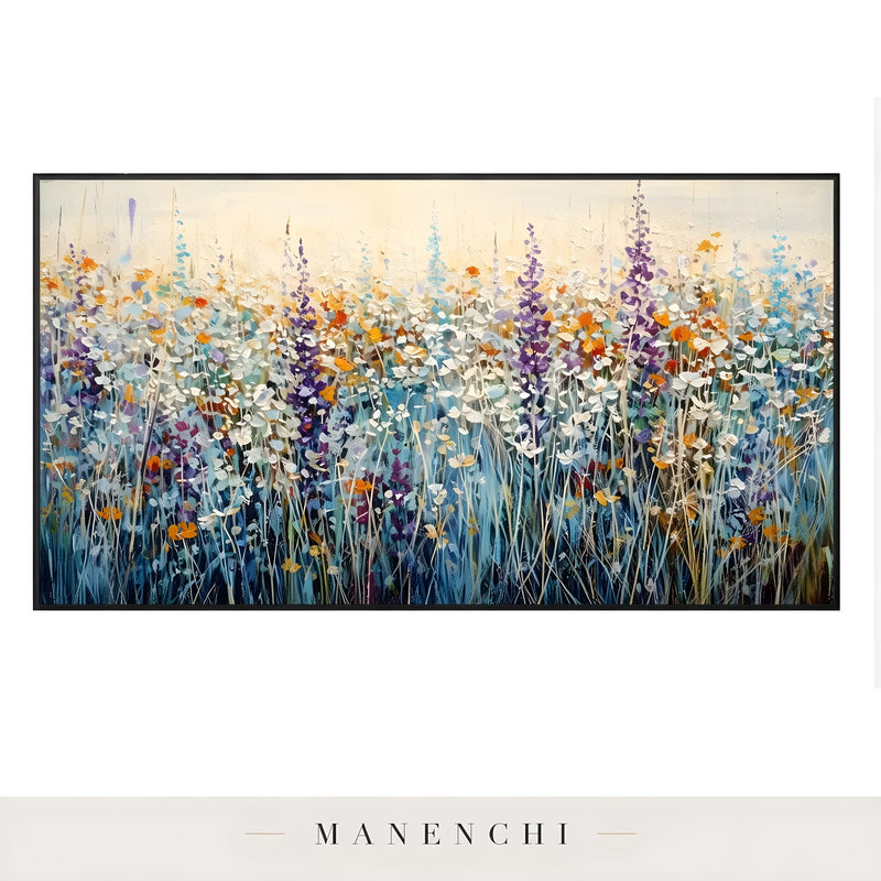 Close-up detail of the textured brushwork and wildflower color palette in Alpine Wildflower Meadow