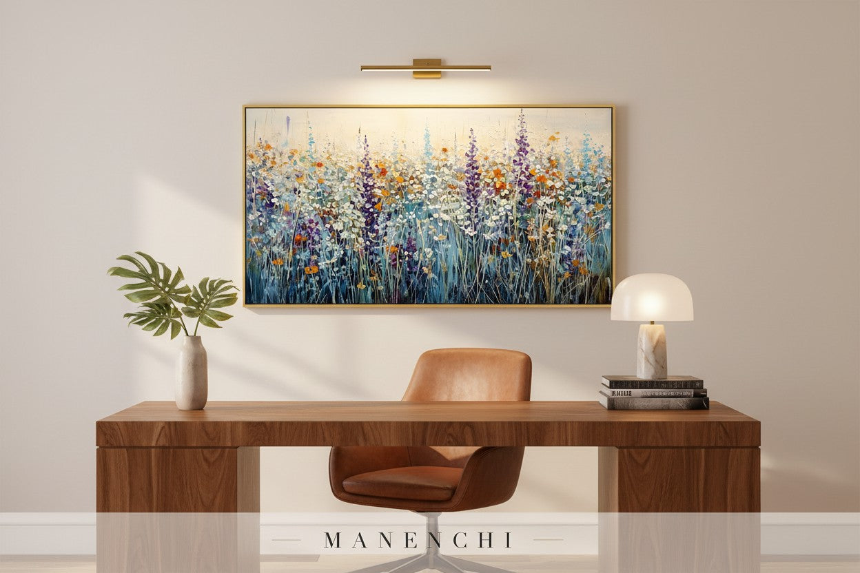 Alpine Wildflower Meadow abstract floral painting displayed above a bed in a bright bedroom