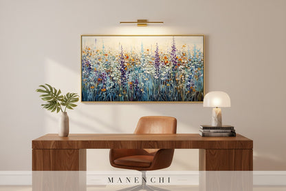 Alpine Wildflower Meadow abstract floral painting displayed above a bed in a bright bedroom