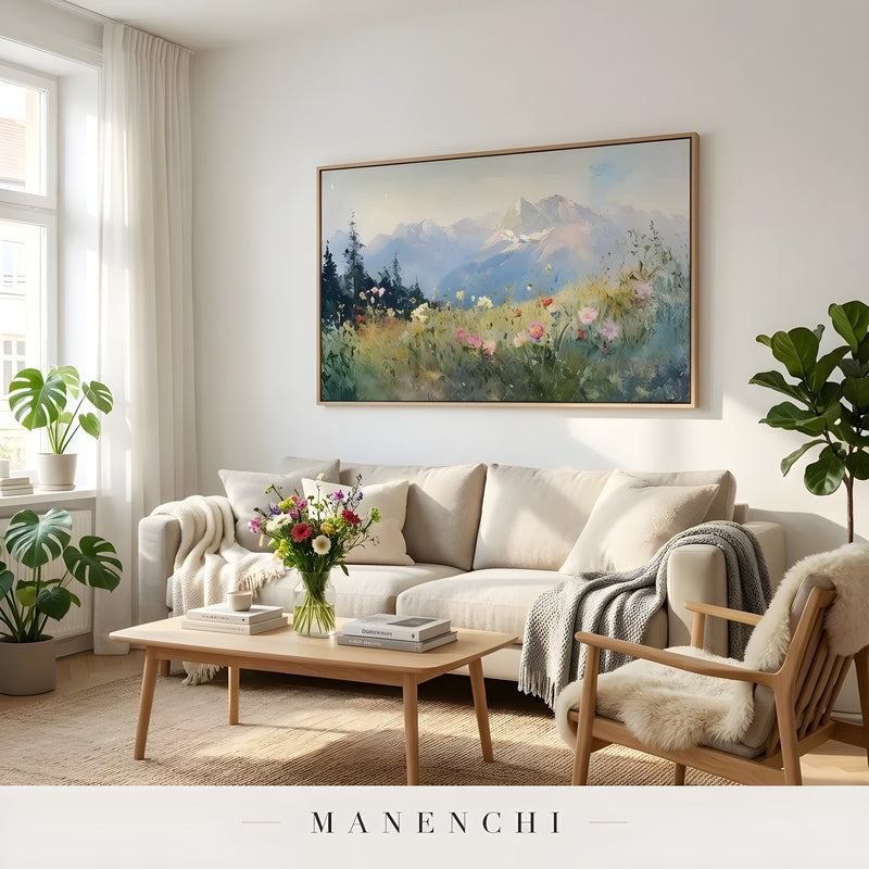 Alpine Wildflower Panorama abstract painting displayed in bohemian living room