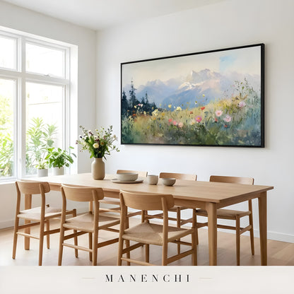 Alpine Wildflower Panorama abstract painting displayed in bright dining room