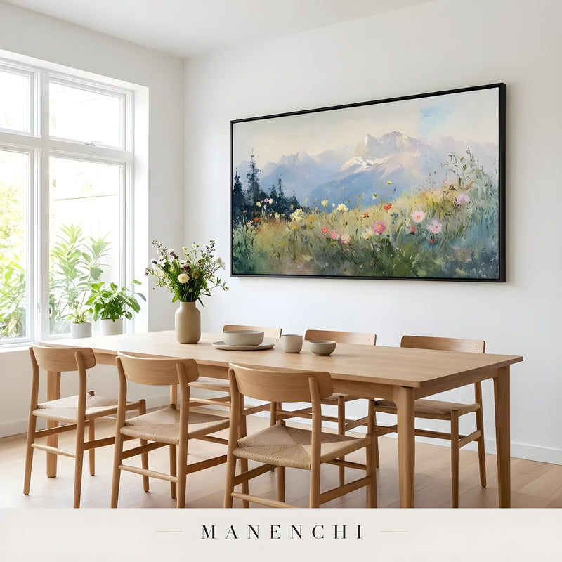 Alpine Wildflower Panorama abstract painting displayed in bright dining room