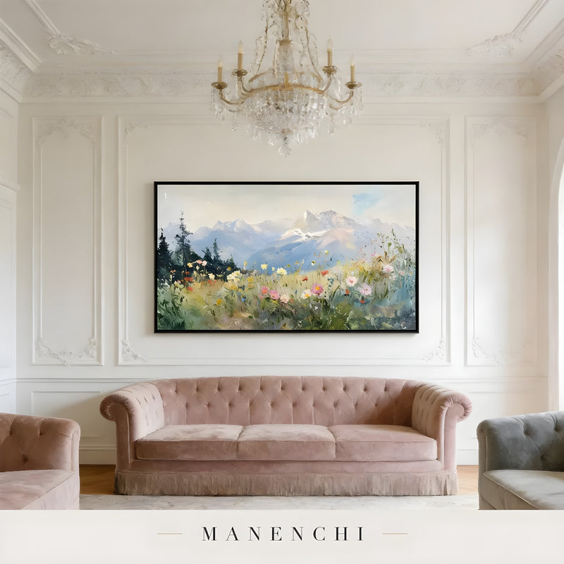 Alpine Wildflower Panorama abstract painting displayed in classic formal lounge