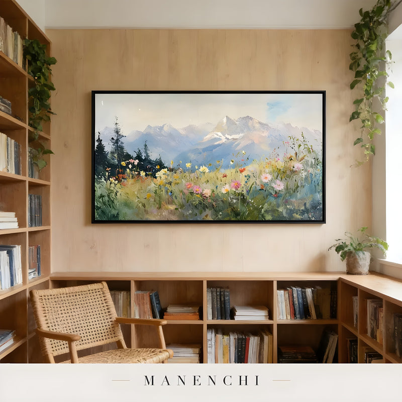 Alpine Wildflower Panorama abstract painting displayed in cozy study nook