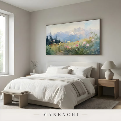 Alpine Wildflower Panorama abstract painting displayed in elegant modern bedroom