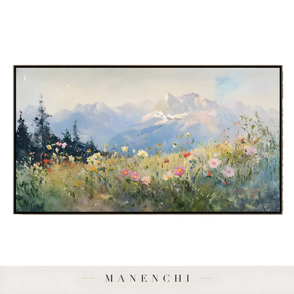 Alpine Wildflower Panorama abstract painting displayed in isolated framed artwork