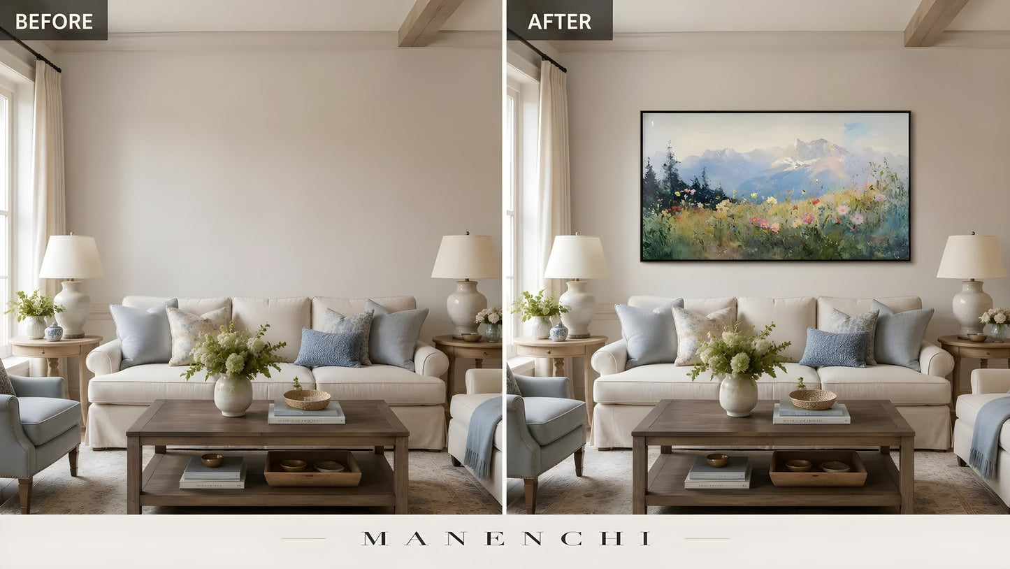 Alpine Wildflower Panorama original hand-painted abstract painting, before and after in a styled room