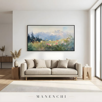 Alpine Wildflower Panorama abstract painting displayed in minimalist living room