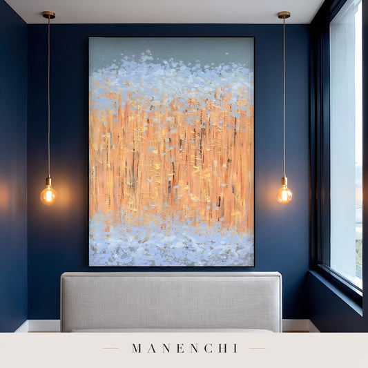 Amber Mist Ethereal abstract painting displayed in a modern bedroom