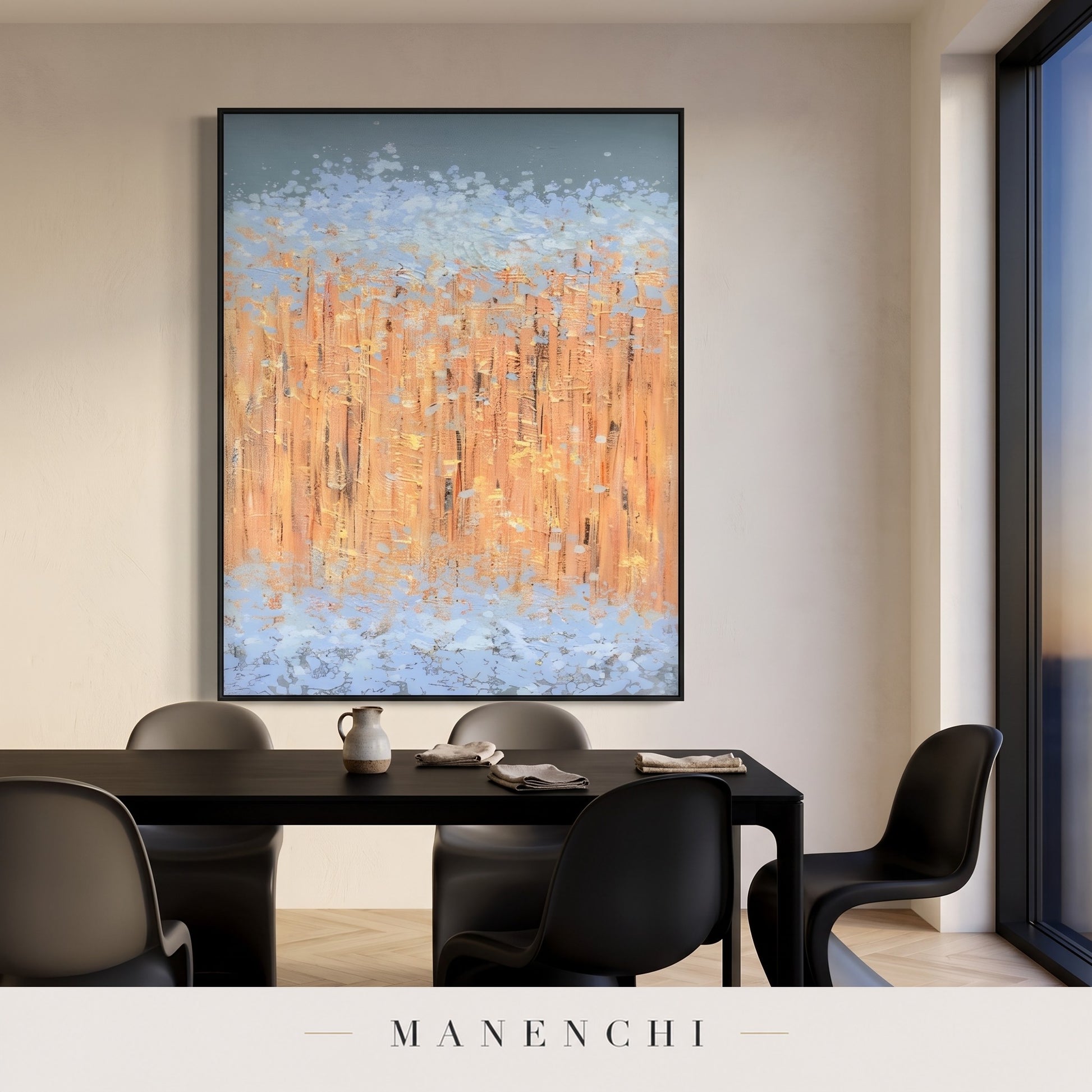 Amber Mist Ethereal abstract painting displayed in a dining room
