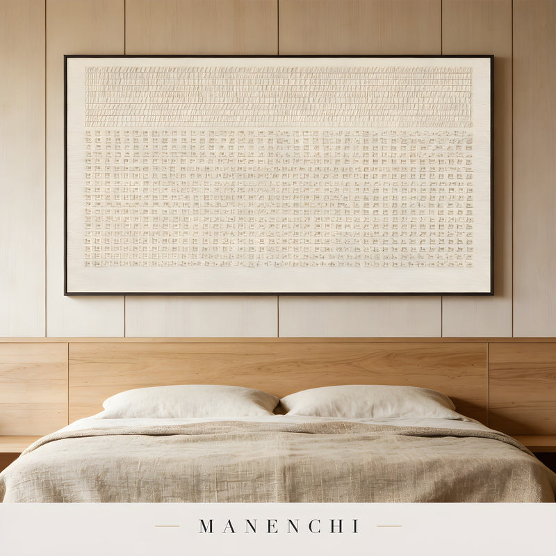 Ancient Script abstract painting displayed in bedroom interior scene