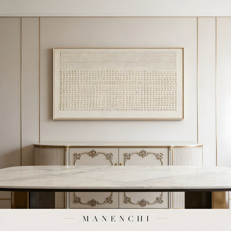 Ancient Script abstract painting displayed in dining room setting