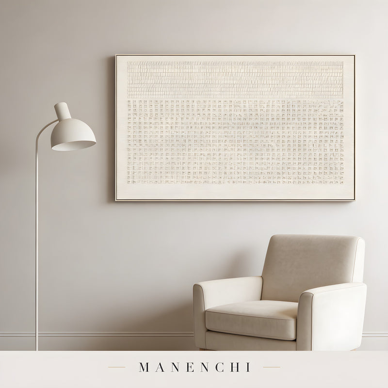 Ancient Script abstract painting displayed in minimalist living room