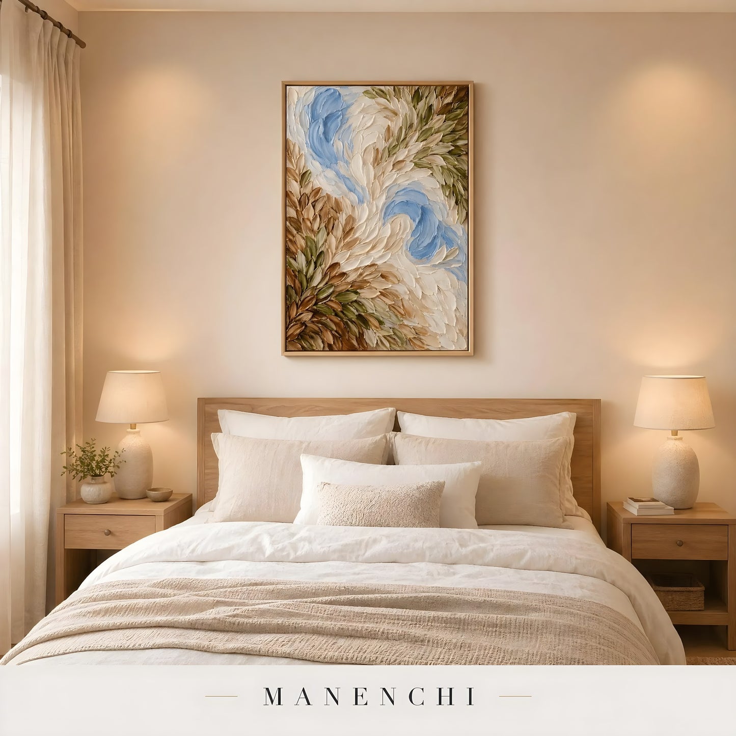 Arboreal Drift Harmony abstract painting displayed in bedroom interior decor