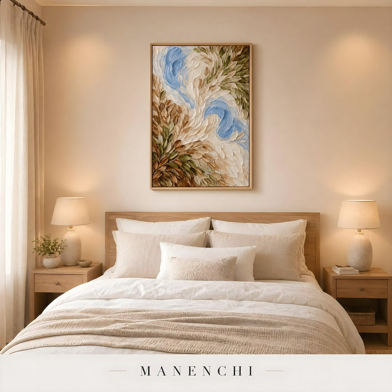Arboreal Drift Harmony abstract painting displayed in bedroom interior decor