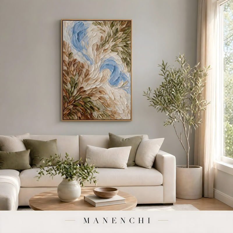 Arboreal Drift Harmony abstract painting displayed in cozy sofa decor