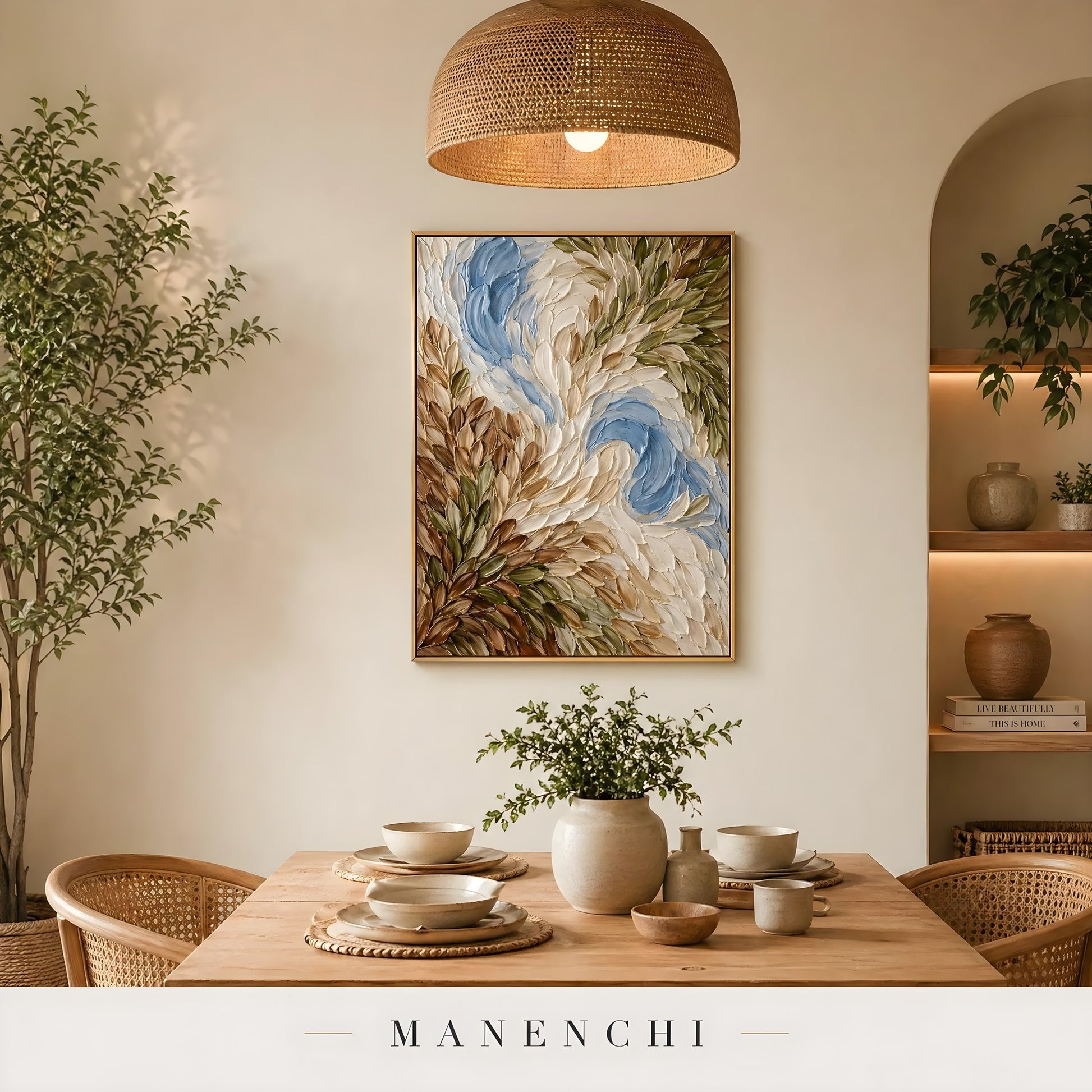 Arboreal Drift Harmony abstract painting displayed in dining room interior