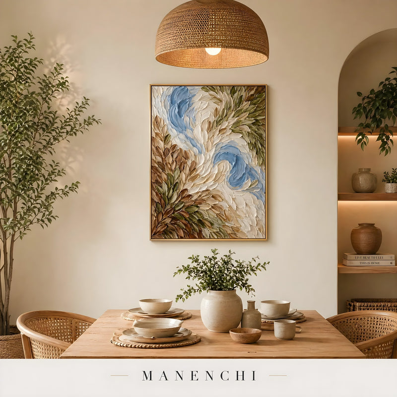 Arboreal Drift Harmony abstract painting displayed in dining room interior