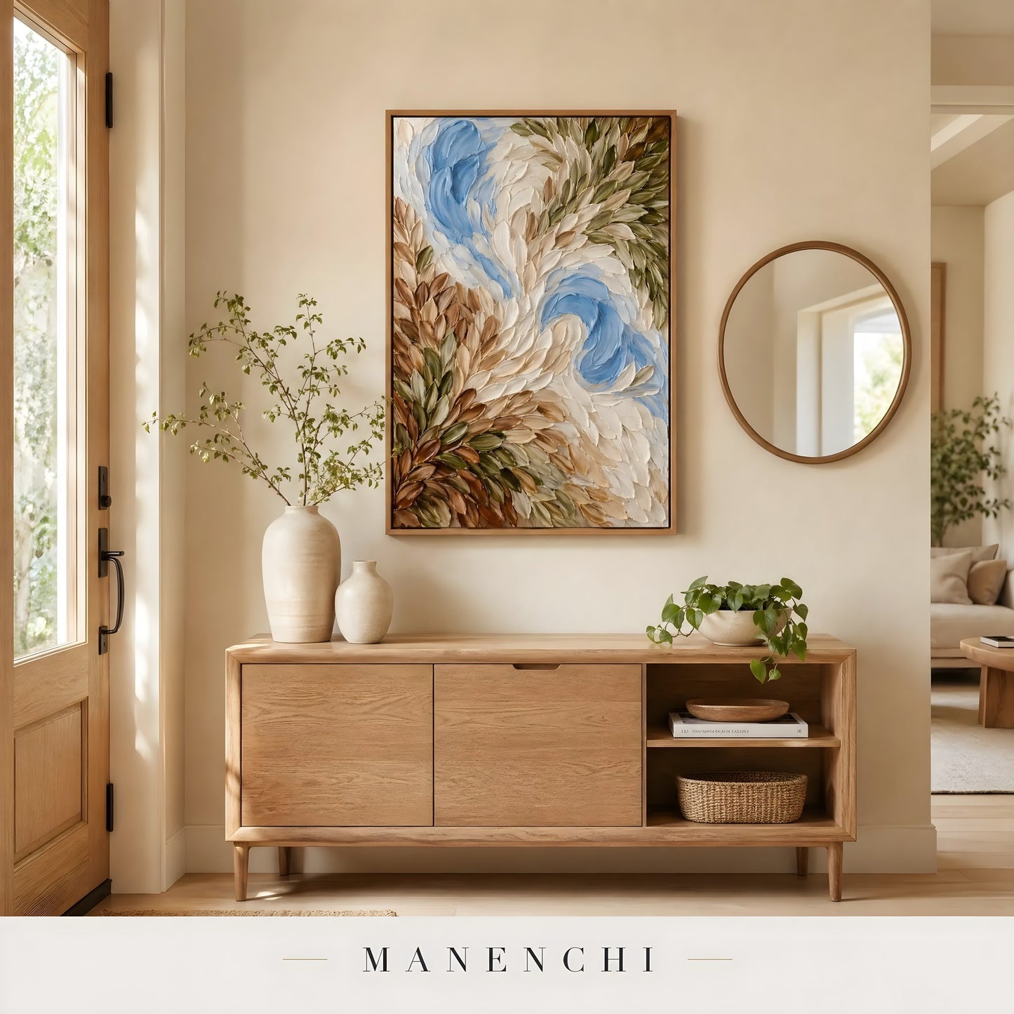 Arboreal Drift Harmony abstract painting displayed in hallway console table