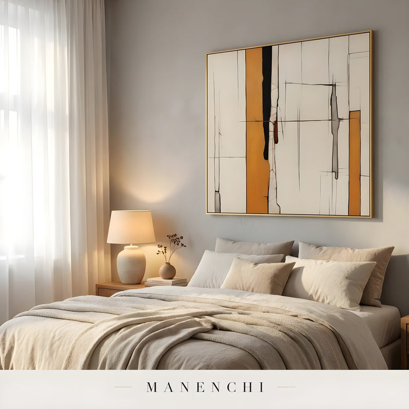 Architectural Ochre Grid abstract painting displayed in cozy master bedroom interior