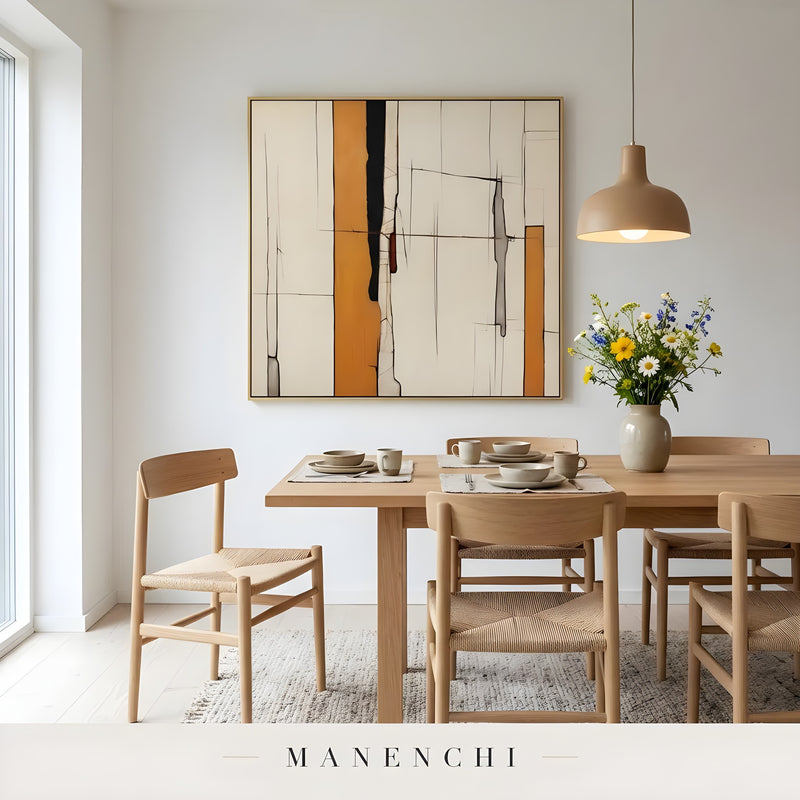 Architectural Ochre Grid abstract painting displayed in dining room table setting