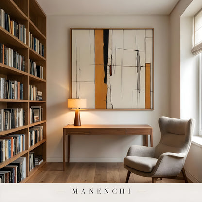 Architectural Ochre Grid abstract painting displayed in home office desk space