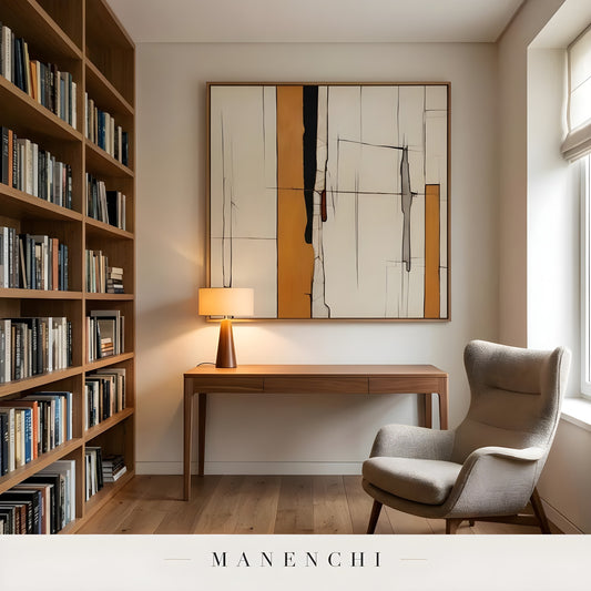 Architectural Ochre Grid abstract painting displayed in home office desk space