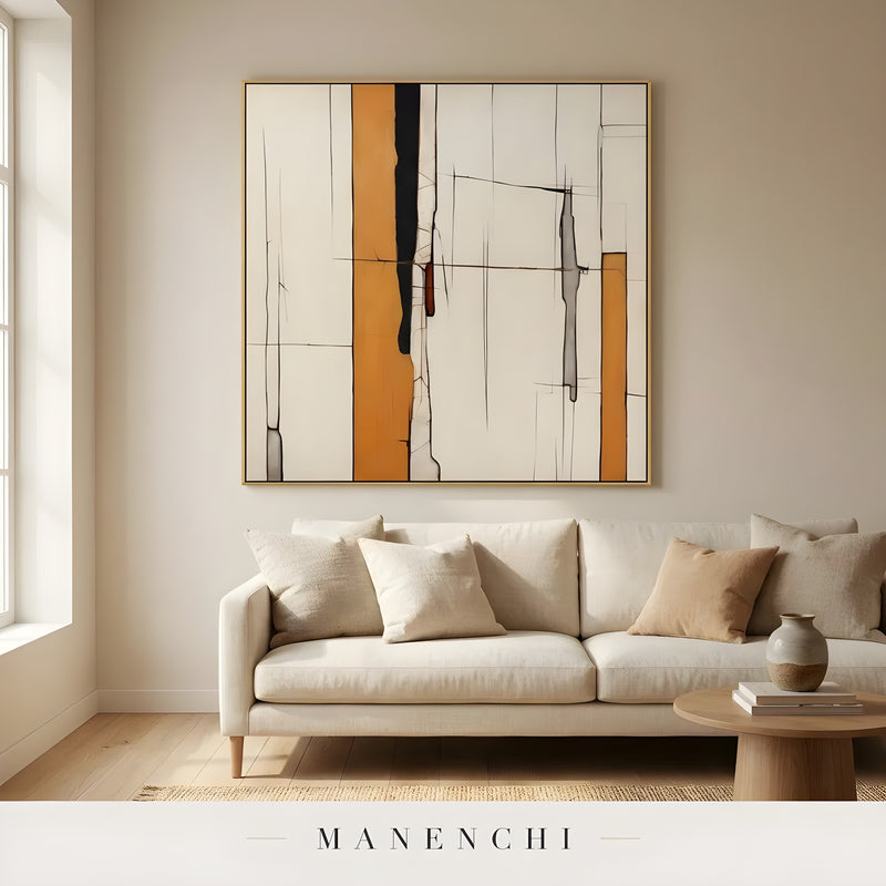 Architectural Ochre Grid abstract painting displayed in modern living room sofa