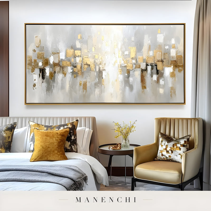 Aurum Reflection abstract painting displayed in bedroom with accent chair