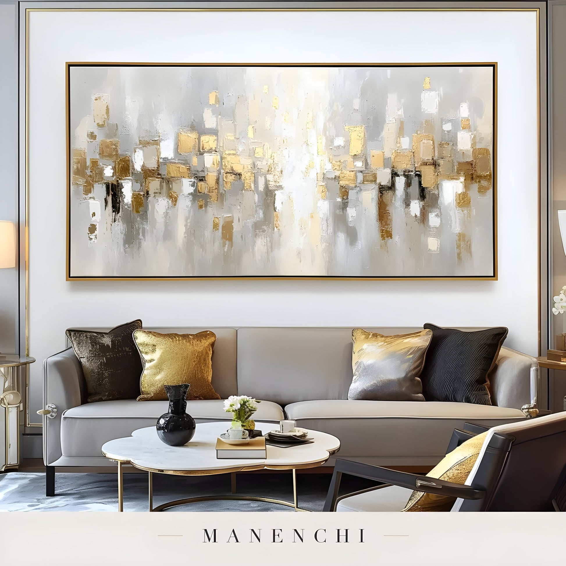 Aurum Reflection abstract painting displayed in elegant modern living room