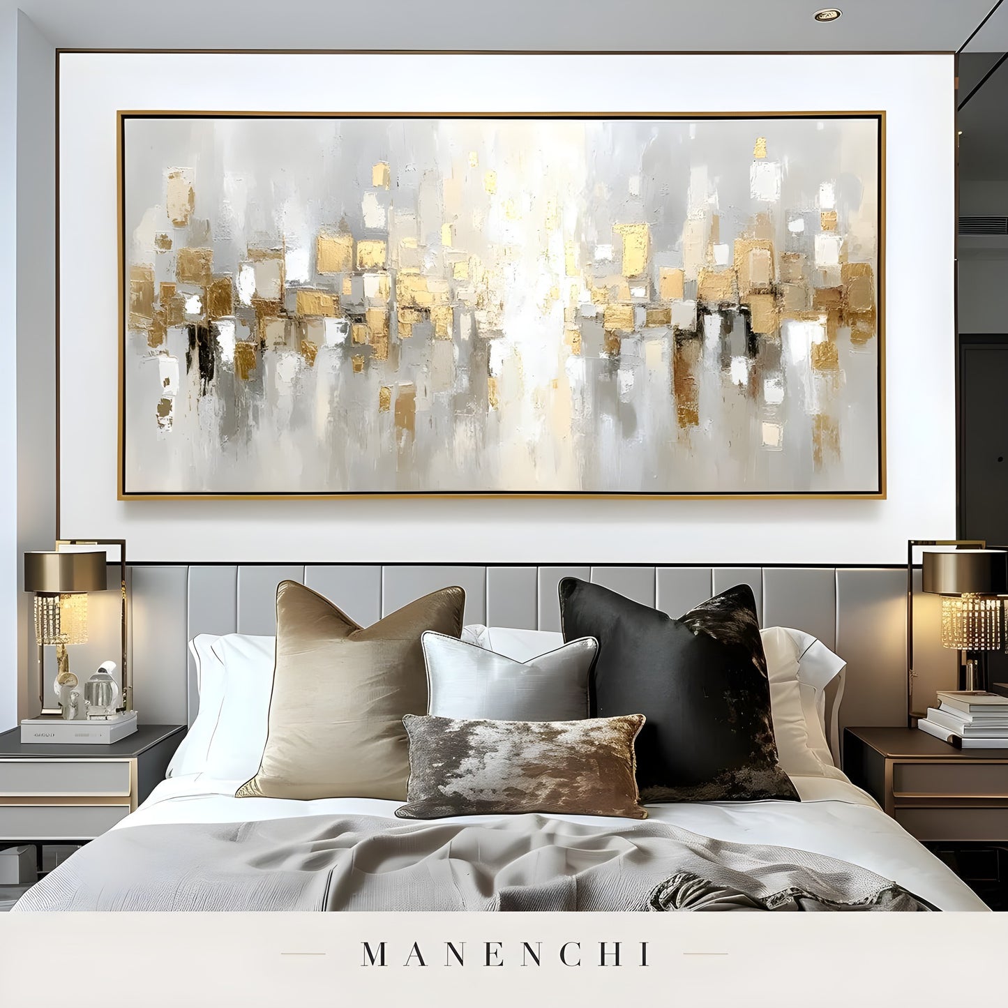 Aurum Reflection abstract painting displayed in master bedroom decor