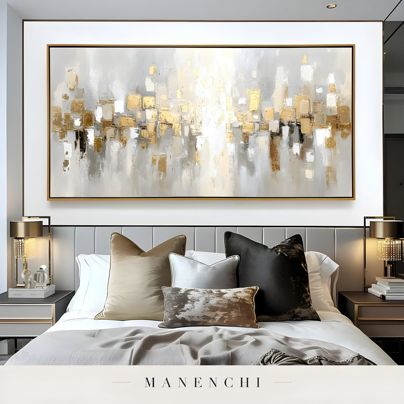 Aurum Reflection abstract painting displayed in master bedroom decor