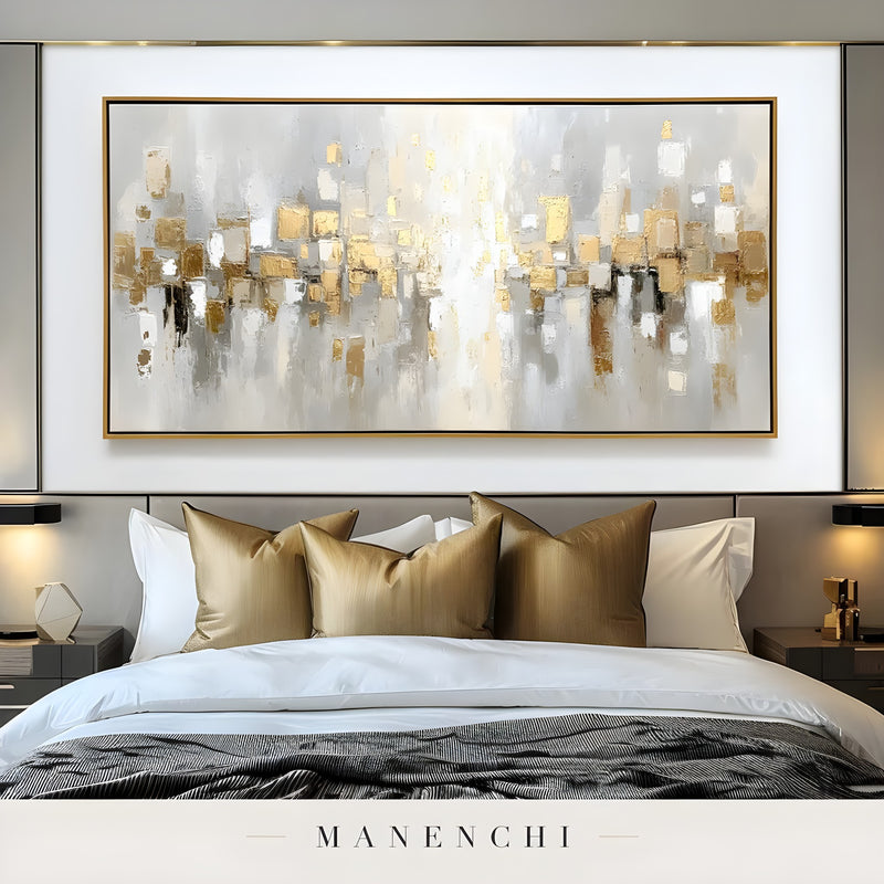 Aurum Reflection abstract painting displayed in master bedroom scene