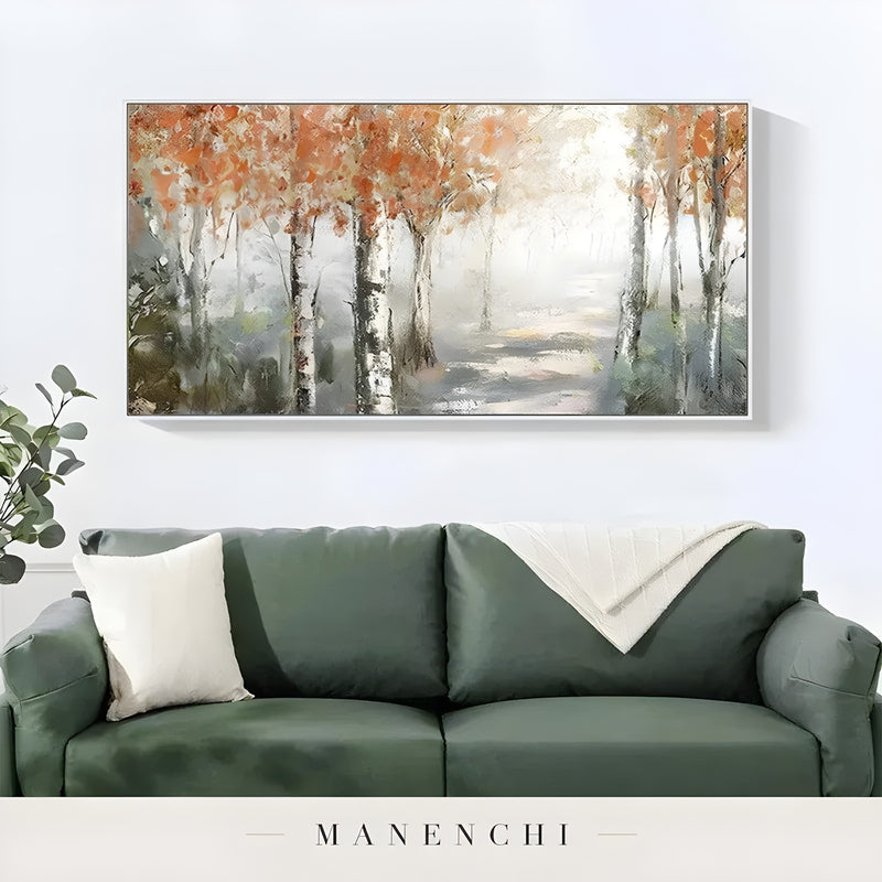 Autumnal Birch Reverie abstract painting displayed in art above green couch