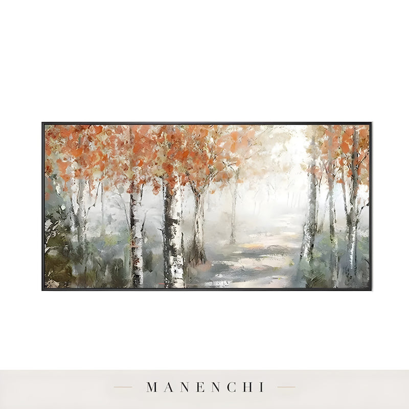 Autumnal Birch Reverie abstract painting displayed in framed art isolated view